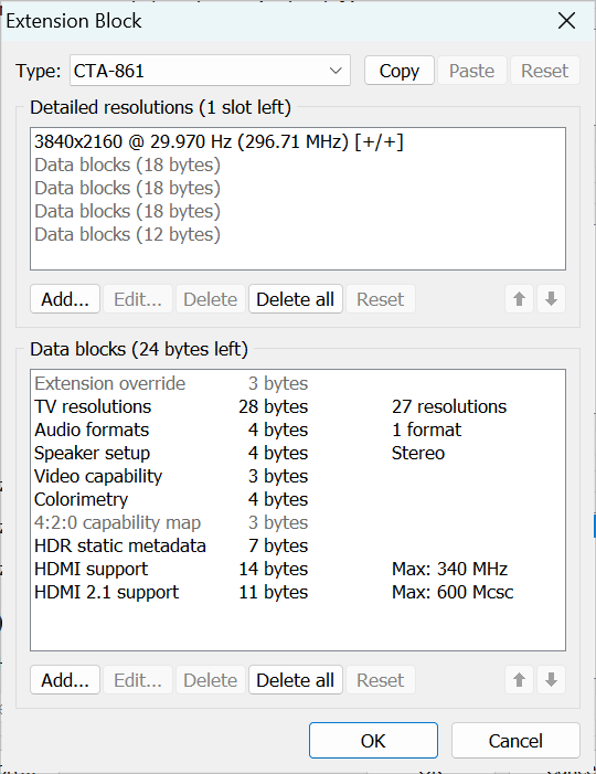 CTA-861 extension block for the PA279CRV. Includes the same 29.97 Hz 4K detailed resolution, plus additional HDMI 2.1 capability and video feature metadata.
