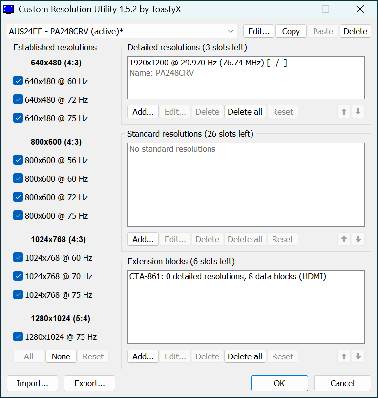 CRU configuration for the secondary PA248CRV monitor, with a single detailed resolution of 1920×1200 at 29.97 Hz. No standard resolutions are defined to prevent fallback behavior.