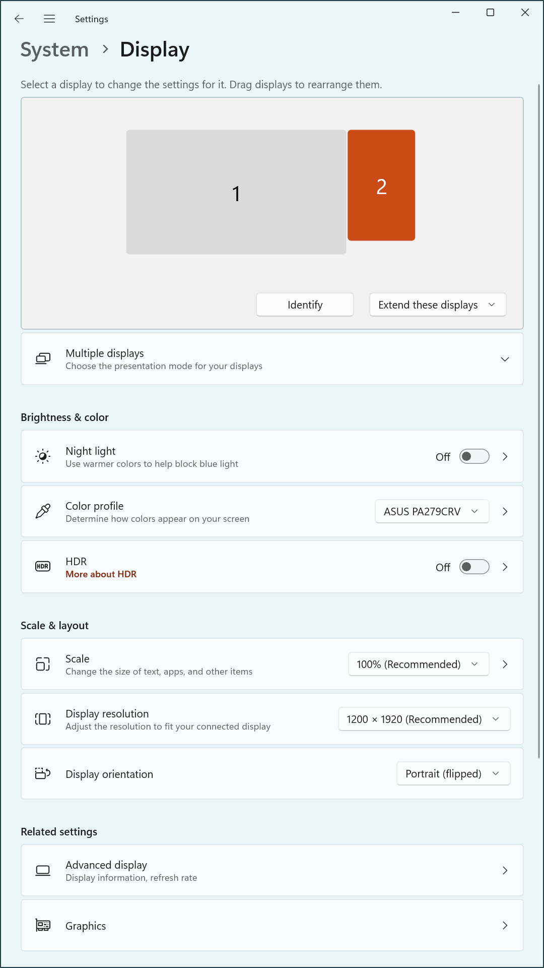 Windows display layout showing PA248CRV (secondary monitor) in portrait orientation.