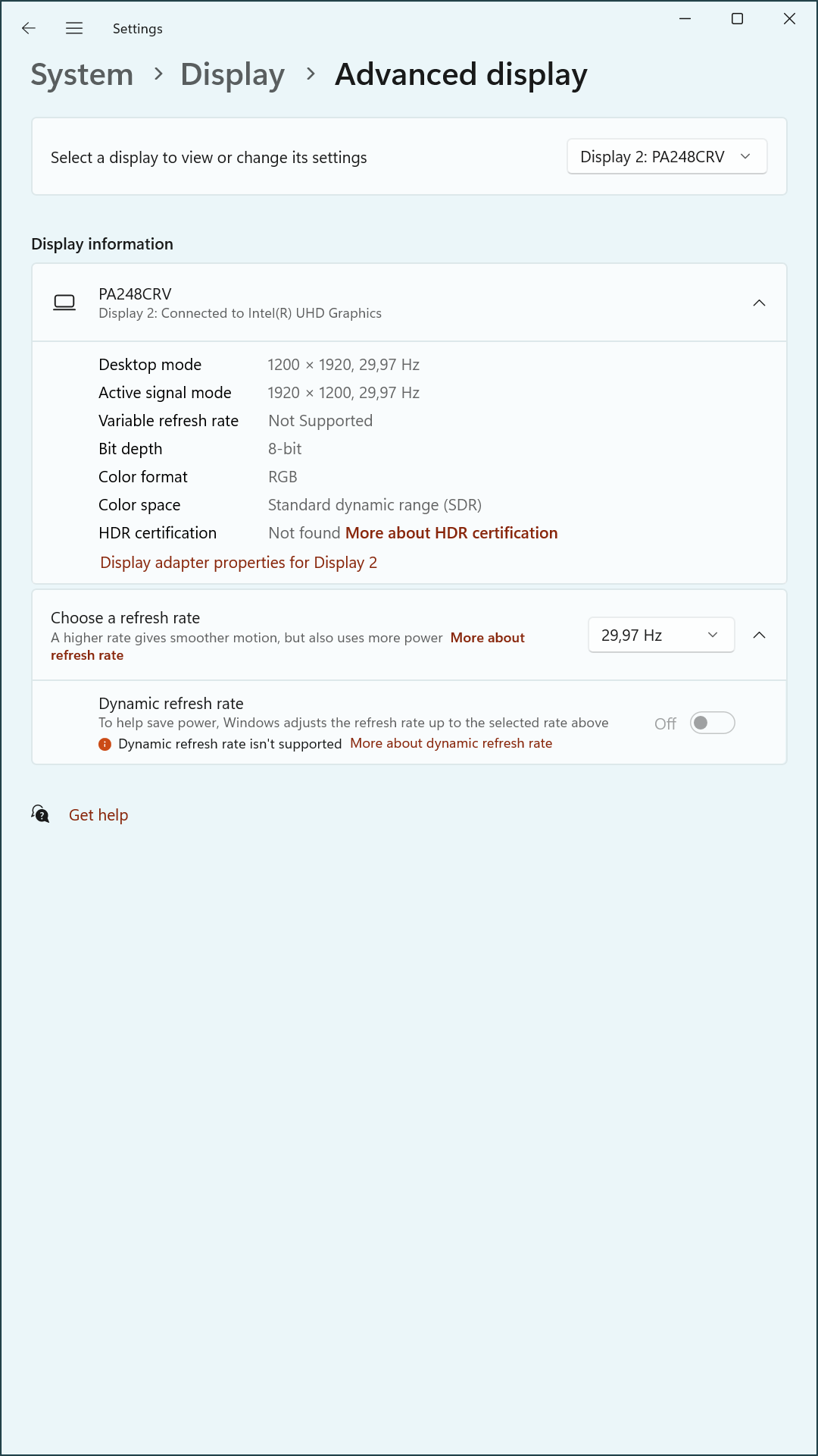 Advanced display settings for PA248CRV confirming 29.97 Hz refresh rate and 1920×1200 signal resolution.