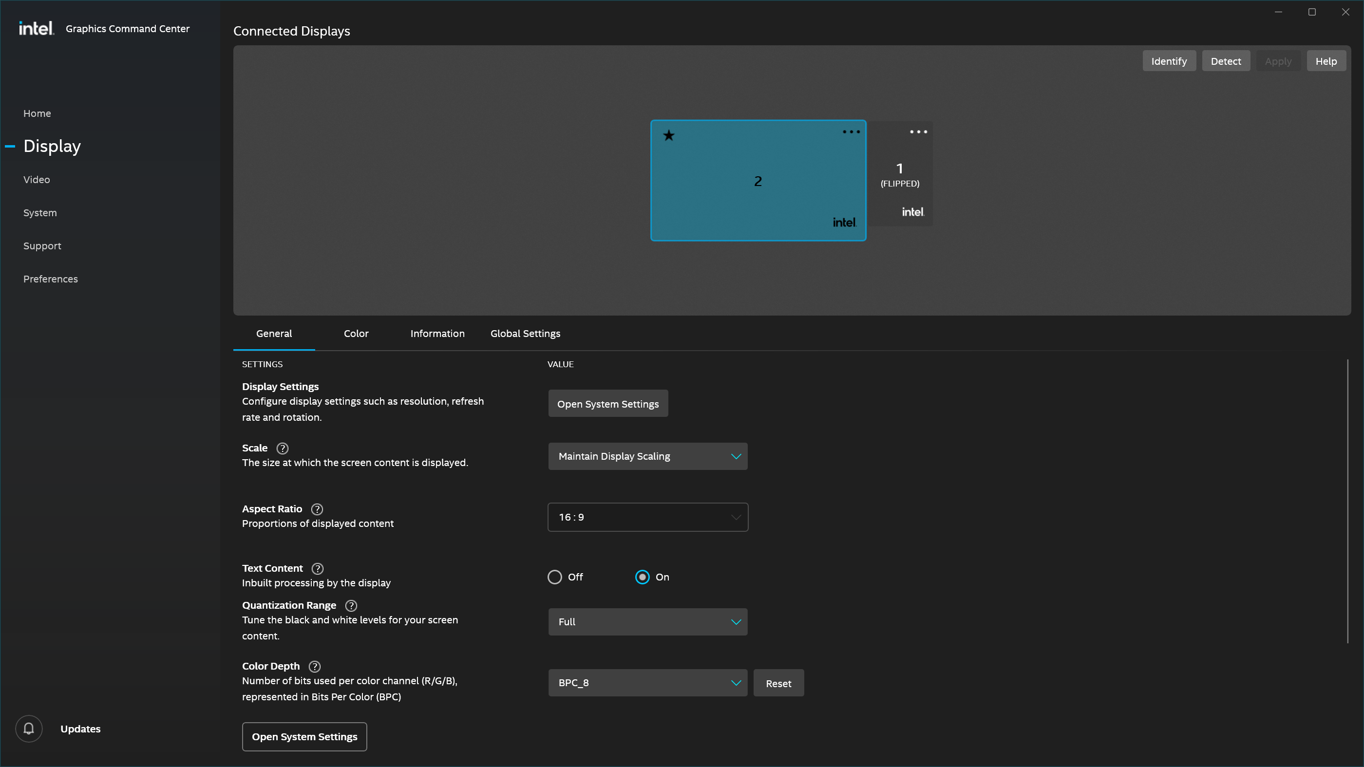 Intel Graphics Command Center – General display settings for dual-monitor setup. Primary (PA279CRV) and secondary (PA248CRV) displays shown with flipped orientation applied.