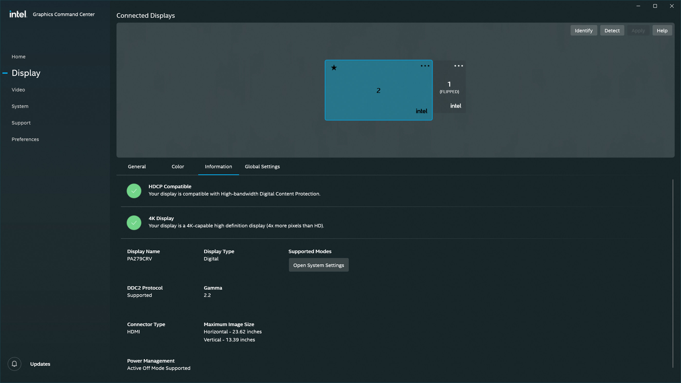 Intel Graphics Command Center – Monitor information confirming EDID data for PA279CRV, including 4K support and HDMI connector identification.