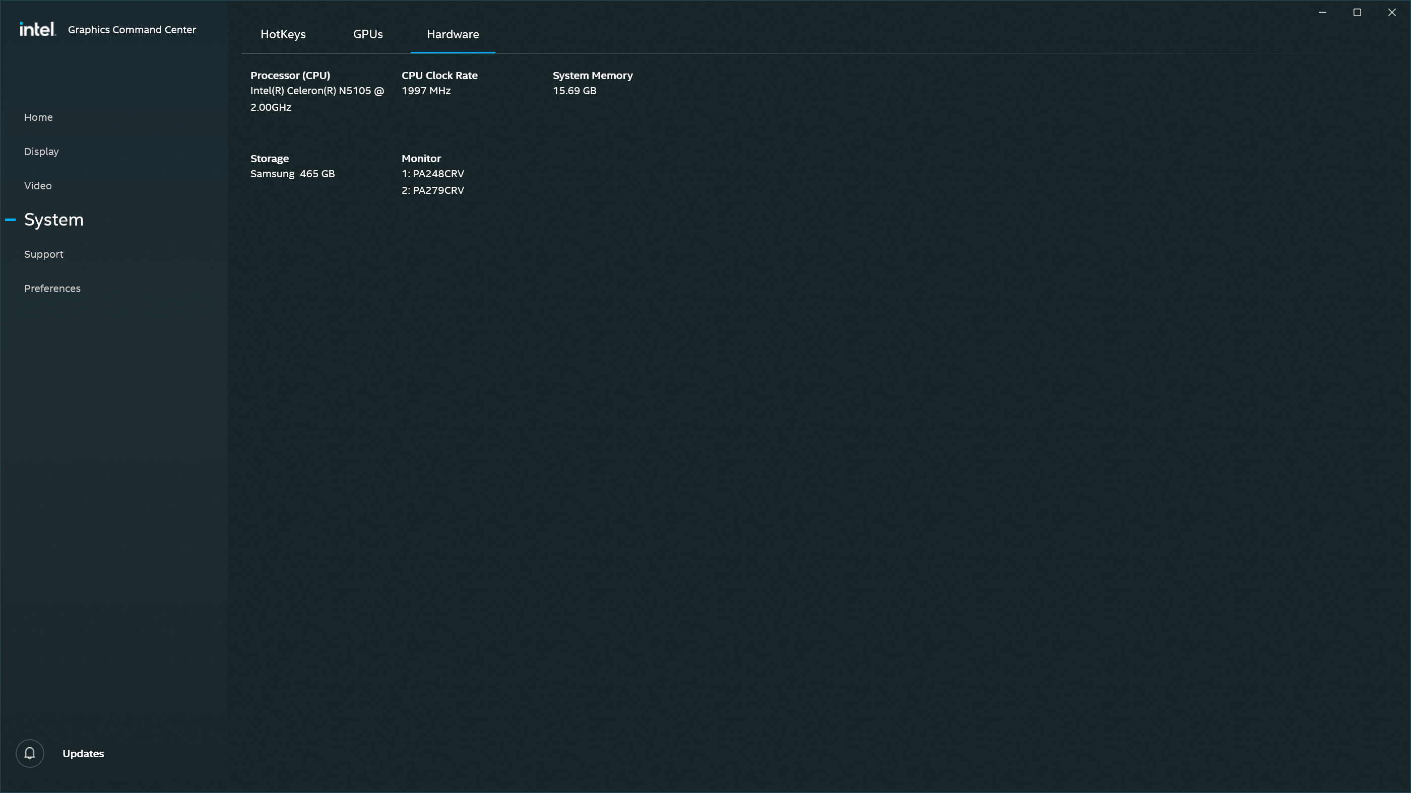 Hardware overview in Intel Graphics Command Center, confirming dual display detection and physical hardware configuration including CPU, storage, and RAM.